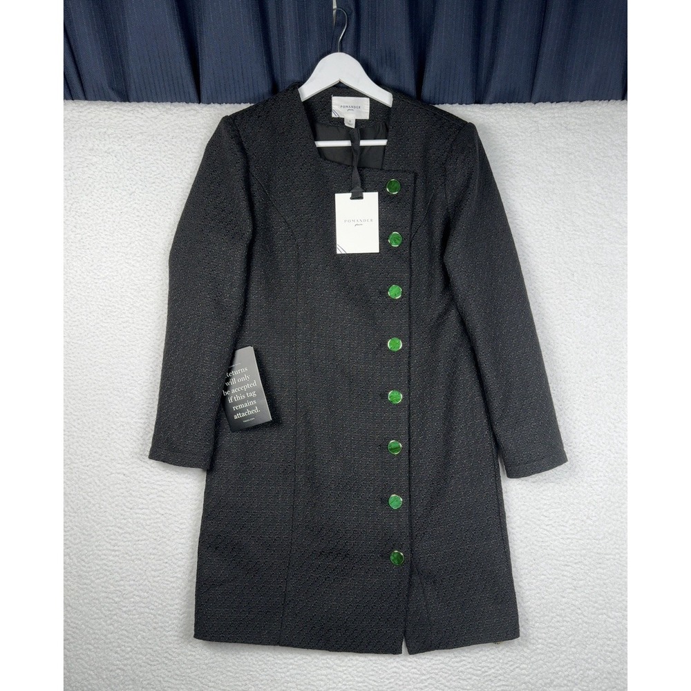 NEW - POMANDER PLACE Black Tweed Long Jacket Green Buttons - Women's Small